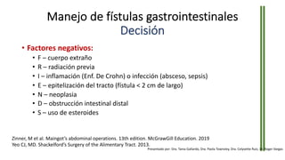 Manejo de fístulas gastrointestinales
Decisión
• Factores negativos:
• F – cuerpo extraño
• R – radiación previa
• I – inflamación (Enf. De Crohn) o infección (absceso, sepsis)
• E – epitelización del tracto (fístula < 2 cm de largo)
• N – neoplasia
• D – obstrucción intestinal distal
• S – uso de esteroides
Zinner, M et al. Maingot’s abdominal operations. 13th edition. McGrawGill Education. 2019
Yeo CJ, MD. Shackelford’s Surgery of the Alimentary Tract. 2013.
Presentado por: Dra. Tania Gallardo, Dra. Paola Townsley, Dra. Celyvette Ruiz, Dr. Roger Vargas
 