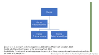Fístula
Fístula
Enterocutánea
Fístula
Enteroatmosférica
Fístula
Gastrointestinal
Zinner, M et al. Maingot’s abdominal operations. 13th edition. McGrawGill Education. 2019
Yeo CJ, MD. Shackelford’s Surgery of the Alimentary Tract. 2013.
Durán Muñoz Cruzado et al. Actualización sobre el manejo de la fístula enterocutánea y fístula enteroatmosférica.
Cir Andal 2019;30(1):40-47. Presentado por: Dra. Tania Gallardo, Dra. Paola Townsley, Dra. Celyvette Ruiz, Dr. Roger Vargas
 