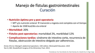 Manejo de fístulas gastrointestinales
Curación
• Nutrición óptima pre y post operatoria
• NPT y/o nutrición enteral à transición a ingesta oral completa con el tiempo
• Aporte de 1500 kcal/día vía enteral
• Mortalidad: 20%
• Fístulas post operatorias: mortalidad 2%, morbilidad 12%
• Complicaciones tardías: síndrome de intestino corto, recurrencia de
fístulas, obstrucción de intestino delgado por adherencias.
Presentado por: Dra. Tania Gallardo, Dra. Paola Townsley, Dra. Celyvette Ruiz, Dr. Roger Vargas
Zinner, M et al. Maingot’s abdominal operations. 13th edition. McGrawGill Education. 2019
Yeo CJ, MD. Shackelford’s Surgery of the Alimentary Tract. 2013.
 