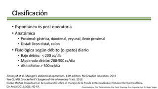 Clasificación
• Espontánea vs post operatoria
• Anatómica
• Proximal: gástrica, duodenal, yeyunal, íleon proximal
• Distal: íleon distal, colon
• Fisiológica según débito (o gasto) diario
• Bajo débito: < 200 cc/día
• Moderado débito: 200-500 cc/día
• Alto débito: > 500 cc/día
Zinner, M et al. Maingot’s abdominal operations. 13th edition. McGrawGill Education. 2019
Yeo CJ, MD. Shackelford’s Surgery of the Alimentary Tract. 2013.
Durán Muñoz Cruzado et al. Actualización sobre el manejo de la fístula enterocutánea y fístula enteroatmosférica.
Cir Andal 2019;30(1):40-47. Presentado por: Dra. Tania Gallardo, Dra. Paola Townsley, Dra. Celyvette Ruiz, Dr. Roger Vargas
 
