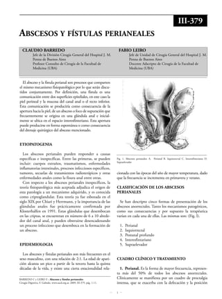 1
ABSCESOS Y FÍSTULAS PERIANEALES
CLAUDIO BARREDO
Jefe de la División Cirugía General del Hospital J. M.
Penna de Buenos Aires
Profesor Consulto de Cirugía de la Facultad de
Medicina (UBA)
FABIO LEIRO
Jefe de Unidad de Cirugía General del Hospital J. M.
Penna de Buenos Aires
Docente Adscripto de Cirugía de la Facultad de
Medicina (UBA)
El absceso y la fístula perianal son procesos que comparten
el mismo mecanismo fisiopatológico por lo que serán discu-
tidos conjuntamente. Por definición, una fístula es una
comunicación entre dos superficies epiteliales, en este caso la
piel perineal y la mucosa del canal anal o el recto inferior.
Esta comunicación se produciría como consecuencia de la
apertura hacia la piel, de un absceso o foco de supuración que
frecuentemente se origina en una glándula anal e inicial-
mente se ubica en el espacio interesfinteriano. Esta apertura
puede producirse en forma espontánea o como consecuencia
del drenaje quirúrgico del absceso mencionado.
ETIOPATOGENIA
Los abscesos perianales pueden responder a causas
específicas e inespecíficas. Entre las primeras, se pueden
incluir: cuerpos extraños, traumatismos, enfermedades
inflamatorias intestinales, procesos infecciosos específicos,
tumores, secuelas de tratamientos radioterápicos y otras
enfermedades anales como la fisura anal entre otras.
Con respecto a los abscesos perianales inespecíficos, la
teoría fisiopatológica más aceptada adjudica el origen de
esta patología a un mecanismo adquirido, y es conocida
como criptoglandular. Esta teoría ya fue esbozada en el
siglo XIX por Chiari y Herrmann, y la importancia de las
glándulas anales fue prácticamente confirmada por
Klosterhalfen en 1991. Estas glándulas que desembocan
en las criptas, se encuentran en número de 6 a 10 alrede-
dor del canal anal, y pueden obstruirse desencadenando
un proceso infeccioso que desemboca en la formación de
un absceso.
EPIDEMIOLOGIA
Los abscesos y fístulas perianales son más frecuentes en el
sexo masculino, con una relación de 2:1. La edad de apari-
ción alcanza un pico a partir de la tercera hasta la quinta
décadas de la vida, y existe una cierta estacionalidad rela-
cionada con las épocas del año de mayor temperatura, dado
que la frecuencia se incrementa en primavera y verano.
CLASIFICACIÓN DE LOS ABSCESOS
PERIANALES
Se han descripto cinco formas de presentación de los
abscesos anorrectales. Tanto los mecanismos patogénicos,
como sus consecuencias y por supuesto la terapéutica
varían en cada una de ellas. Las mismas son: (Fig. l).
1. Perianal
2. Isquiorrectal
3. Postanal profundo
4. Interesfintariano
5. Supraelevador
CUADRO CLÍNICO Y TRATAMIENTO
1. Perianal. Es la forma de mayor frecuencia, represen-
ta más del 50% de todos los abscesos anorrectales.
Clínicamente se manifiesta por un cuadro de proctalgia
intensa, que se exacerba con la defecación y la posición
III-379
BARREDO C y LEIRO F ; Abscesos y fístulas perianeales.
Cirugía Digestiva, F. Galindo. www.sacd.org.ar, 2009; III-379, pág. 1-11.
Fig. 1. Abscesos perianales: A. Perianal B. Isquiorrectal C. Interesfinteriano D.
Supraelevador
 