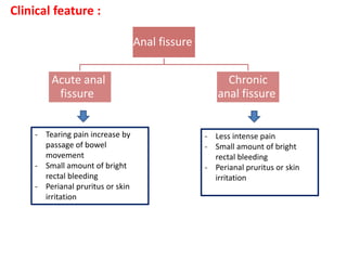 Anal fissure
Acute anal
fissure
Chronic
anal fissure
Clinical feature :
- Less intense pain
- Small amount of bright
rectal bleeding
- Perianal pruritus or skin
irritation
- Tearing pain increase by
passage of bowel
movement
- Small amount of bright
rectal bleeding
- Perianal pruritus or skin
irritation
 