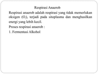 Respirasi Anaerob
Respirasi anaerob adalah respirasi yang tidak memerlukan
oksigen (O2), terjadi pada sitoplasma dan menghasilkan
energi yang lebih kecil.
Proses respirasi anaerob :
1. Fermentasi Alkohol
 