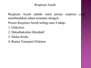 Respirasi Aerob

Respirasi Aerob adalah suatu proses respirasi yang
membutuhkan udara terutama oksigen.
Proses Respirasi Aerob terbagi atas 4 tahap :
1. Glikolisis
2. Dekarboksilasi Oksidatif
3. Siklus Krebs
4. Rantai Transport Elektron
 