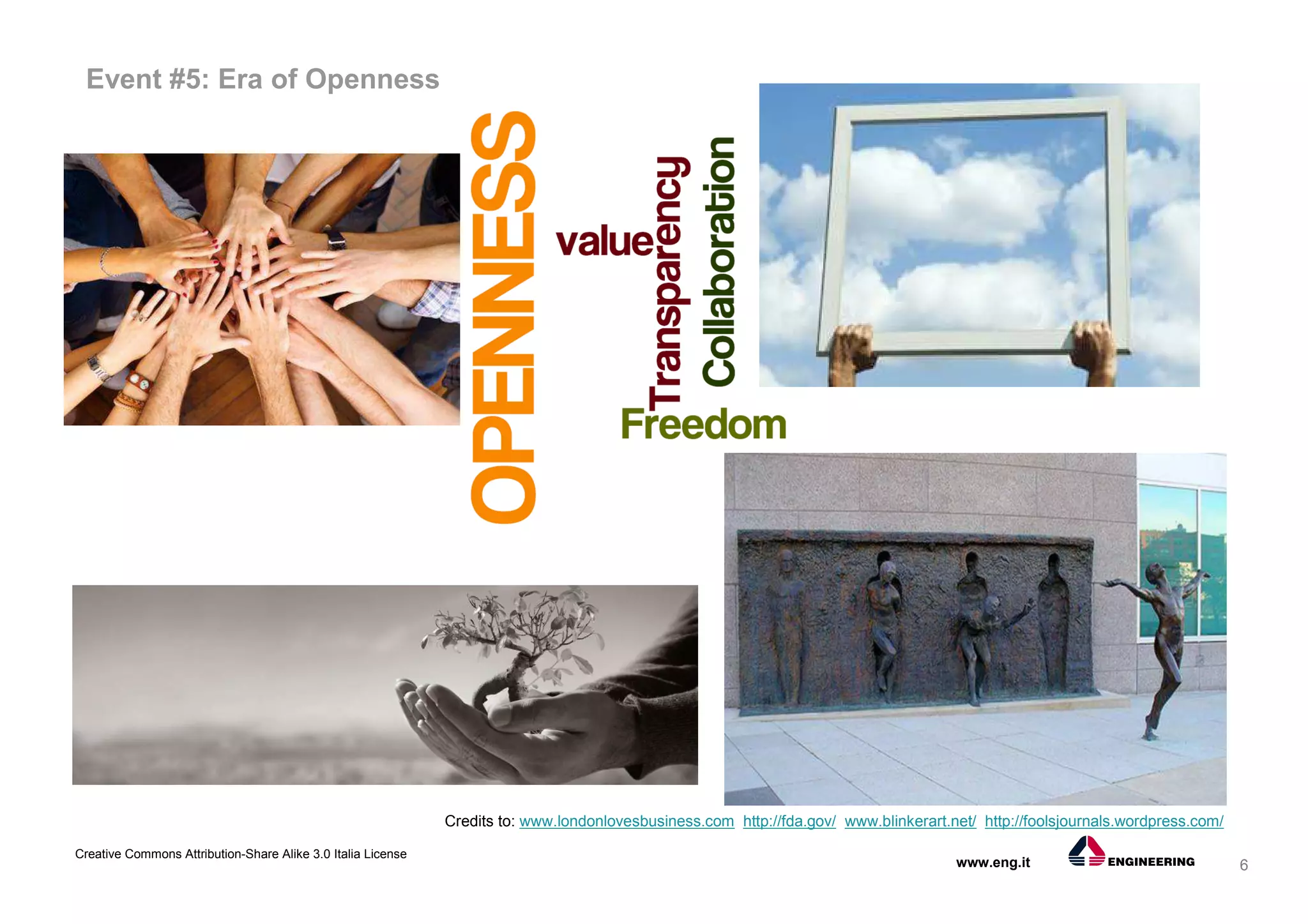 6
Creative Commons Attribution-Share Alike 3.0 Italia License
www.eng.it
Event #5: Era of Openness
Credits to: www.londonlovesbusiness.com http://fda.gov/ www.blinkerart.net/ http://foolsjournals.wordpress.com/
 