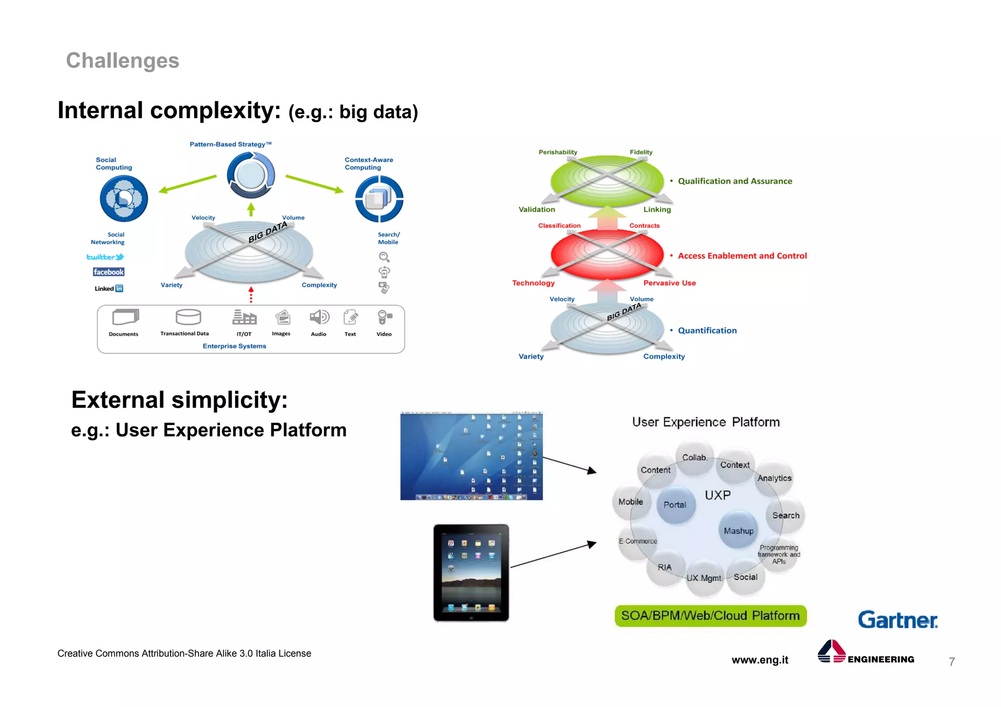 7
Creative Commons Attribution-Share Alike 3.0 Italia License
www.eng.it
Challenges
Internal complexity: (e.g.: big data)
External simplicity:
e.g.: User Experience Platform
 