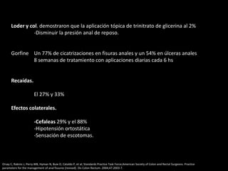 Loder y col. demostraron que la aplicación tópica de trinitrato de glicerina al 2%
-Disminuir la presión anal de reposo.
Gorfine Un 77% de cicatrizaciones en fisuras anales y un 54% en úlceras anales
8 semanas de tratamiento con aplicaciones diarias cada 6 hs
Recaídas.
El 27% y 33%
Efectos colaterales.
-Cefaleas 29% y el 88%
-Hipotensión ortostática
-Sensación de escotomas.
Orsay C, Rakinic J, Perry WB, Hyman N, Buie D, Cataldo P, et al; Standards Practice Task Force;American Society of Colon and Rectal Surgeons. Practice
parameters for the management of anal fissures (revised). Dis Colon Rectum. 2004;47:2003-7.
 