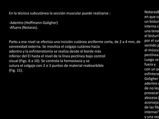 En la técnica subcutánea la sección muscular puede realizarse :
-Adentro (Hoffmann-Goligher)
-Afuera (Notaras).
Parks a ese nivel se efectúa una incisión cutánea arciforme corta, de 2 a 4 mm, de
convexidad externa. Se moviliza el colgajo cutáneo hacia
adentro y la esfinterotomía se realiza desde el borde más
inferior del EI hasta el nivel de la línea pectínea bajo control
visual (Figs. 6 a 10). Se controla la hemostasia y se
sutura el colgajo con 2 o 3 puntos de material reabsorbible
(Fig. 11).
Notaras8
en que co
un bisturí
interna co
una tenot
el bisturí
por el sur
sentido p
al múscul
pectínea.
Luego se
fuera y
con un pe
esfinterot
Goligher
adentro c
de no lesi
provocar
absceso (
aconseja
de las fibr
internas"
y una vez
 