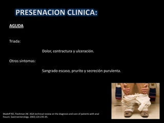 AGUDA
Triada:
Dolor, contractura y ulceración.
Otros síntomas:
Sangrado escaso, prurito y secreción purulenta.
Madoff RD, Fleshman JW. AGA technical review on the diagnosis and care of patients with anal
fissure. Gastroenterology. 2003;124:235-45.
 