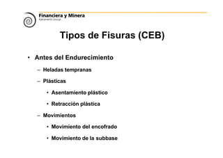 Tipos de Fisuras (CEB)
• Antes del Endurecimiento
– Heladas tempranas
– Plásticas
• Asentamiento plástico
• Retracción plástica
– Movimientos durante la ejecución
• Movimiento del encofrado
• Movimiento de la subbase
 