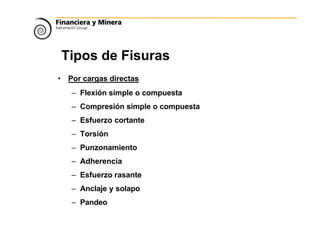 Tipos de Fisuras
• Por cargas directas
– Flexión simple o compuesta
– Compresión simple o compuesta
– Esfuerzo cortante
– Torsión
– Punzonamiento
– Adherencia
– Esfuerzo rasante
– Anclaje y solapo
– Pandeo
 