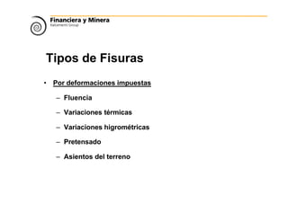 Tipos de Fisuras
• Por deformaciones impuestas
– Fluencia
– Variaciones térmicas
– Variaciones higrométricas
– Pretensado
– Asientos del terreno
 
