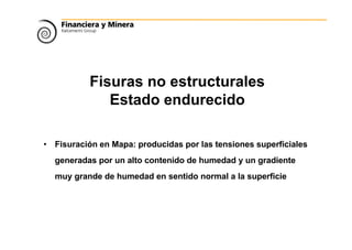 Fisuras no estructurales
Estado endurecido
• Fisuración en Mapa: producidas por las tensiones superficiales
generadas por un alto contenido de humedad y un gradiente
muy grande de humedad en sentido normal a la superficie
 