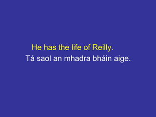 He has the life of Reilly.
Tá saol an mhadra bháin aige.
 