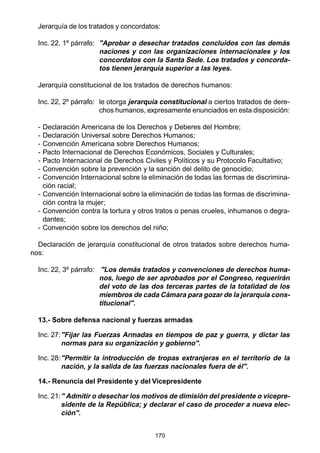 170
Jerarquía de los tratados y concordatos:
Inc. 22, 1º párrafo: "Aprobar o desechar tratados concluidos con las demás
naciones y con las organizaciones internacionales y los
concordatos con la Santa Sede. Los tratados y concorda-
tos tienen jerarquía superior a las leyes.
Jerarquía constitucional de los tratados de derechos humanos:
Inc. 22, 2º párrafo: le otorga jerarquía constitucional a ciertos tratados de dere-
chos humanos, expresamente enunciados en esta disposición:
- Declaración Americana de los Derechos y Deberes del Hombre;
- Declaración Universal sobre Derechos Humanos;
- Convención Americana sobre Derechos Humanos;
- Pacto Internacional de Derechos Económicos, Sociales y Culturales;
- Pacto Internacional de Derechos Civiles y Políticos y su Protocolo Facultativo;
- Convención sobre la prevención y la sanción del delito de genocidio;
- Convención Internacional sobre la eliminación de todas las formas de discrimina-
ción racial;
- Convención Internacional sobre la eliminación de todas las formas de discrimina-
ción contra la mujer;
- Convención contra la tortura y otros tratos o penas crueles, inhumanos o degra-
dantes;
- Convención sobre los derechos del niño;
Declaración de jerarquía constitucional de otros tratados sobre derechos huma-
nos:
Inc. 22, 3º párrafo: "Los demás tratados y convenciones de derechos huma-
nos, luego de ser aprobados por el Congreso, requerirán
del voto de las dos terceras partes de la totalidad de los
miembros de cada Cámara para gozar de la jerarquía cons-
titucional".
13.- Sobre defensa nacional y fuerzas armadas
Inc. 27:"Fijar las Fuerzas Armadas en tiempos de paz y guerra, y dictar las
normas para su organización y gobierno".
Inc. 28:"Permitir la introducción de tropas extranjeras en el territorio de la
nación, y la salida de las fuerzas nacionales fuera de él".
14.- Renuncia del Presidente y del Vicepresidente
Inc. 21:" Admitir o desechar los motivos de dimisión del presidente o vicepre-
sidente de la República; y declarar el caso de proceder a nueva elec-
ción".
 