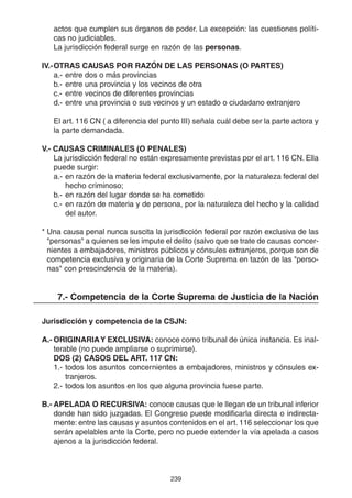 239
actos que cumplen sus órganos de poder. La excepción: las cuestiones políti-
cas no judiciables.
La jurisdicción federal surge en razón de las personas.
IV.-OTRAS CAUSAS POR RAZÓN DE LAS PERSONAS (O PARTES)
a.- entre dos o más provincias
b.- entre una provincia y los vecinos de otra
c.- entre vecinos de diferentes provincias
d.- entre una provincia o sus vecinos y un estado o ciudadano extranjero
El art. 116 CN ( a diferencia del punto III) señala cuál debe ser la parte actora y
la parte demandada.
V.- CAUSAS CRIMINALES (O PENALES)
La jurisdicción federal no están expresamente previstas por el art. 116 CN. Ella
puede surgir:
a.- en razón de la materia federal exclusivamente, por la naturaleza federal del
hecho criminoso;
b.- en razón del lugar donde se ha cometido
c.- en razón de materia y de persona, por la naturaleza del hecho y la calidad
del autor.
* Una causa penal nunca suscita la jurisdicción federal por razón exclusiva de las
"personas" a quienes se les impute el delito (salvo que se trate de causas concer-
nientes a embajadores, ministros públicos y cónsules extranjeros, porque son de
competencia exclusiva y originaria de la Corte Suprema en tazón de las "perso-
nas" con prescindencia de la materia).
7.- Competencia de la Corte Suprema de Justicia de la Nación
Jurisdicción y competencia de la CSJN:
A.- ORIGINARIAY EXCLUSIVA: conoce como tribunal de única instancia. Es inal-
terable (no puede ampliarse o suprimirse).
DOS (2) CASOS DEL ART. 117 CN:
1.- todos los asuntos concernientes a embajadores, ministros y cónsules ex-
tranjeros.
2.- todos los asuntos en los que alguna provincia fuese parte.
B.- APELADA O RECURSIVA: conoce causas que le llegan de un tribunal inferior
donde han sido juzgadas. El Congreso puede modificarla directa o indirecta-
mente: entre las causas y asuntos contenidos en el art. 116 seleccionar los que
serán apelables ante la Corte, pero no puede extender la vía apelada a casos
ajenos a la jurisdicción federal.
 
