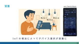 背景
ライト１
ライト２
ライト３
3
ex).Switchbot
I o T の 増 加 に よ っ て デ バ イ ス 選 択 が 困 難 に
 