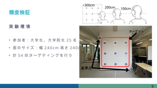 基準点
ターゲット
精度検証
実 験 環 境
• 参加者：大学生、大学院生 25 名
• 面のサイズ：幅 240cm 高さ 240cm
• 計 54 回ターゲティングを行う
9
100cm
200cm
300cm
 