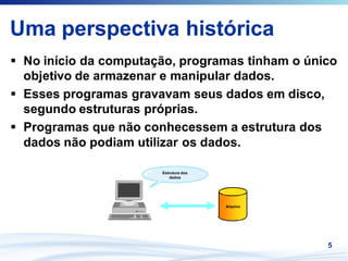 Uma perspectiva histórica
 No início da computação, programas tinham o único
 objetivo de armazenar e manipular dados.
 Esses programas gravavam seus dados em disco,
 segundo estruturas próprias.
 Programas que não conhecessem a estrutura dos
 dados não podiam utilizar os dados.

                      Estrutura dos
                          dados




                                      Arquivo




                                                5
 