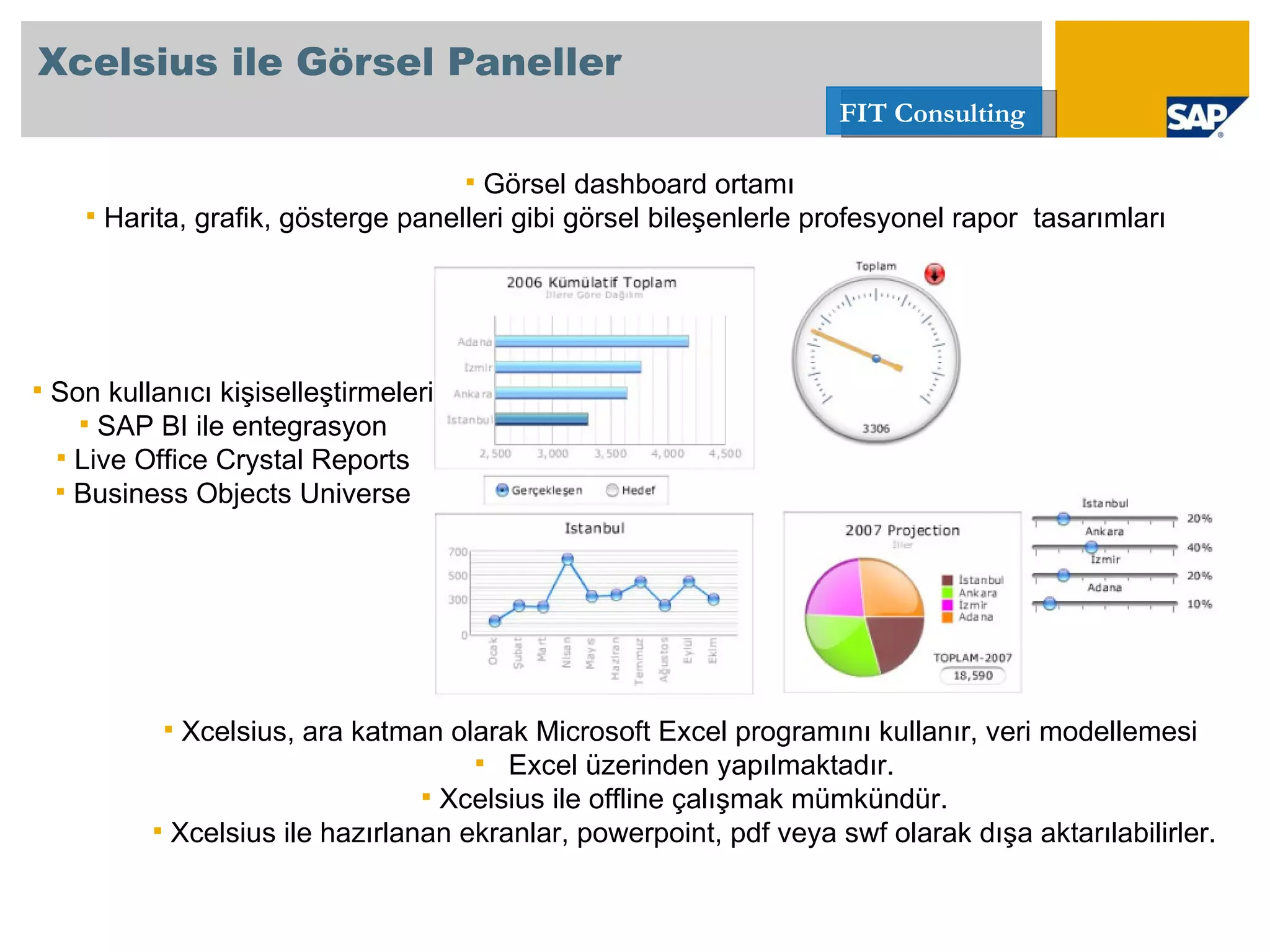 Xcelsius ile Görsel Paneller Görsel dashboard ortamı Harita, grafik, gösterge panelleri gibi görsel bileşenlerle profesyonel rapor  tasarımları  Son kullanıcı kişiselleştirmeleri SAP BI ile entegrasyon Live Office Crystal Reports Business Objects Universe Xcelsius, ara katman olarak Microsoft Excel programını kullanır, veri modellemesi  Excel üzerinden yapılmaktadır. Xcelsius ile offline çalışmak mümkündür. Xcelsius ile hazırlanan ekranlar, powerpoint, pdf veya swf olarak dışa aktarılabilirler. 