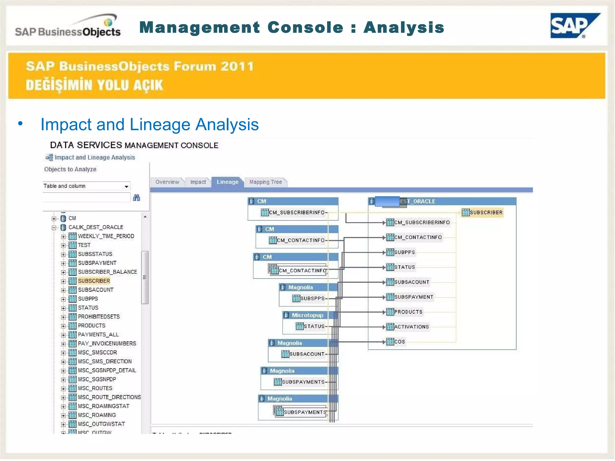 Management Console : Analysis Impact and Lineage Analysis 