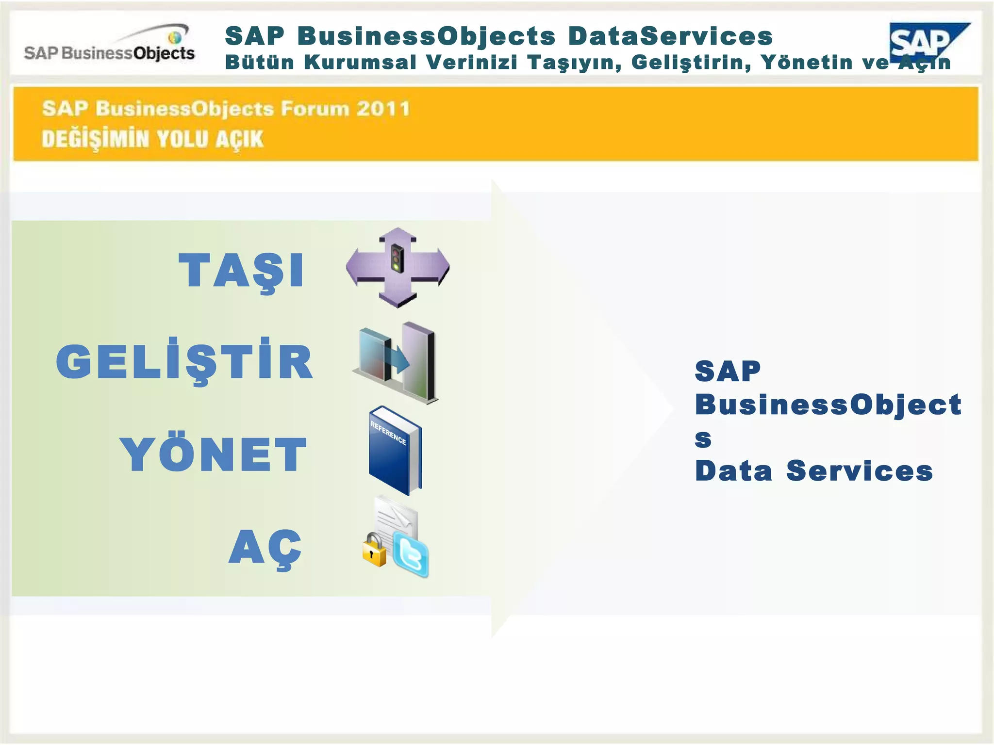 SAP BusinessObjects  Data Services TAŞI GELİŞTİR AÇ YÖNET SAP BusinessObjects DataServices  Bütün Kurumsal Verinizi Taşıyın, Geliştirin, Yönetin ve Açın 