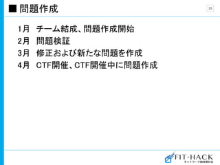 問題作成
1月 チーム結成、問題作成開始
2月 問題検証
3月 修正および新たな問題を作成
4月 CTF開催、CTF開催中に問題作成
20
 