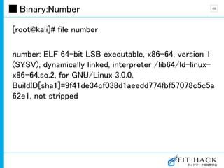 Binary:Number
[root@kali]# file number
number: ELF 64-bit LSB executable, x86-64, version 1
(SYSV), dynamically linked, interpreter /lib64/ld-linux-
x86-64.so.2, for GNU/Linux 3.0.0,
BuildID[sha1]=9f41de34cf038d1aeedd774fbf57078c5c5a
62e1, not stripped
46
 