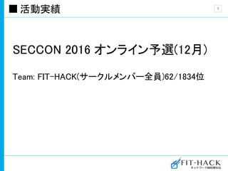 活動実績
SECCON 2016 オンライン予選(12月)
Team: FIT-HACK(サークルメンバー全員)62/1834位
7
 
