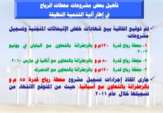 ‫رإٔٞو ثؼغ ٍششٗػبد زلـبد اىشٝبػ‬
                    ‫يف إؿبس آىٞخ اىزَْٞخ اىْظٞفخ‬

‫‪ ‬مت ر٘قٞغ ارفبقٞخ ثٞغ شٖبداد خفغ اإلّجؼبصبد ادلزغْجخ ٗرغغٞو‬
                                                ‫ٍششٗػبد:‬
‫1- زلـخ سٝبػ قذسح 021ً.ٗ ثبىضػفشاّخ ثبىزؼبُٗ ٍغ اىٞبثبُ يف ّٝ٘ٞ٘‬
                                                           ‫7002.‬
‫08 ً.ٗ ثبىضػفشاّخ ثبىزؼبُٗ ٍغ أدلبّٞب يف ٍبسط 0102.‬   ‫2- زلـخ سٝبػ قذسح‬
            ‫3- زلـخ سٝبػ قذسح 021ً.ٗ ثبىضػفشاّخ ثبىزؼبُٗ ٍغ اىذمنشك‬

‫‪ ‬عبسٙ ازببر إعشاءاد رغغٞو ٍششٗع زلـخ سٝبػ قذسح 58 ً.ٗ‬
‫ثبىضػفشاّخ ثبىزؼبُٗ ٍغ أعجبّٞب، ؽٞش ٍِ ادلز٘قغ االّزٖبء ٍِ‬
                                  ‫رغغٞيٖب خاله ػبً 1102.‬
 