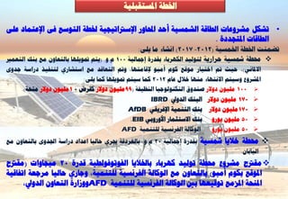 ‫اخلـخ ادلغزقجيٞخ‬

‫• رشنو ٍششٗػبد اىـبقخ اىشَغٞخ أؽذ احملبٗس اإلعرتارٞغٞخ خلـخ اىز٘عغ فٚ اإلػزَبد ػيٚ‬
                                                                  ‫اىـبقبد ادلزغذدح .‬
                                                  ‫رؼَْذ اخلـخ اخلَغٞخ (2102- 7102) اّشبء ٍب ٝيٚ:‬
‫‪ ‬زلـخ مشغٞخ ؽشاسٝخ ىز٘ىٞذ اىنٖشثبء ثقذسح إمجبىٞخ 001 ً.ٗ. (ٝزٌ سب٘ٝيٖب ثبىزؼبُٗ ٍغ ثْل اىزؼَري‬
‫االدلبّٜ)، ؽٞش مت اخزٞبس ٍ٘قغ مً٘ أٍج٘ إلقبٍزٖب، ٗمت اىزؼبقذ ٍغ اعزشبسٛ ىزْفٞز دساعخ عذٗٙ‬
                            ‫ادلششٗع ٗعٞزٌ االّزٖبء ٍْٖب خاله ػبً 2102 مَب عٞزٌ سب٘ٝيٖب مَب ٝيٚ:‬
     ‫‪ٍ 100 ‬يُٞ٘ دٗالس طْذٗم اىزنْ٘ى٘عٞب اىْظٞفخ (99ٍيُٞ٘ دٗالس مقشع + 1ٍيُٞ٘ دٗالس ٍْؾخ).‬
                                                   ‫‪ٍ 170 ‬يُٞ٘ دٗالس اىجْل اىذٗيل ‪IBRD‬‬
                                              ‫‪ٍ170 ‬يُٞ٘ دٗالس ثْل اىزَْٞخ اإلفشٝقٜ ‪AfDB‬‬
                                             ‫ثْل االعزضَبس األٗسٗثٜ ‪.EIB‬‬      ‫‪ٍ 50 ‬يُٞ٘ ٝ٘سٗ‬
                                           ‫اى٘مبىخ اىفشّغٞخ ىيزَْٞخ ‪AFD‬‬       ‫‪ٍ 50 ‬يُٞ٘ ٝ٘سٗ‬
‫ثقذسح إمجبىٞخ 02 ً.ٗ. ثبىغشدقخ جيشٛ ؽبىٞب اػذاد دساعخ اجلذٗٙ ثبىزؼبُٗ ٍغ‬   ‫‪ ‬زلـخ خالٝب مشغٞخ‬
                                                                                       ‫اىٞبثبُ.‬
‫‪ٍ ‬قرتػ ٍششٗع زلـخ ر٘ىٞذ مٖشثبء ثبخلالٝب اىف٘ر٘ف٘ىـٞخ قذسح 02 ٍٞغبٗاد (ٍقرتػ‬
‫ادل٘قغ ثنً٘ أٍج٘) ثبىزؼبُٗ ٍغ اى٘مبىخ اىفشّغٞخ ىيزَْٞخ، ٗعبسٛ ؽبىٞب ٍشعؼخ ارفبقٞخ‬
      ‫ادلْؾخ ادلضٍغ ر٘قٞؼٖب ثني اى٘مبىخ اىفشّغٞخ ىيزَْٞخ ‪ٗٗAFD‬صاسح اىزؼبُٗ اىذٗيل،‬
 