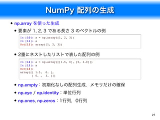 NumPy 配列の生成
27
np.array を使った生成
要素が 1, 2, 3 である長さ 3 のベクトルの例
2重にネストしたリストで表した配列の例
np.empty：初期化なしの配列生成，メモリだけの確保
np.eye / np.identity：単位行列
np.ones, np.zeros：1行列，0行列
In [10]: a = np.array([1, 2, 3])
In [11]: a
Out[11]: array([1, 2, 3])
In [12]: a = np.array([[1.5, 0], [0, 3.0]])
In [13]: a
Out[13]:
array([[ 1.5, 0. ],
[ 0. , 3. ]])
 
