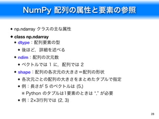 NumPy 配列の属性と要素の参照
28
np.ndarray クラスの主な属性
class np.ndarray
dtype：配列要素の型
後ほど，詳細を述べる
ndim：配列の次元数
ベクトルでは 1 に，配列では 2
shape：配列の各次元の大きさ＝配列の形状
各次元ごとの配列の大きさをまとめたタプルで指定
例：長さが 5 のベクトルは (5,)
※ Python のタプルは1要素のときは &ldquo;,&rdquo; が必要
例：2&times;3行列では (2, 3)
 