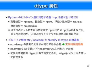 dtype 属性
29
Python のビルトイン型に対応する型：np. を前に付けるだけ
真理値型＝ np.bool，整数型＝ np.int，浮動小数点型＝ np.ﬂoat，
複素数型＝ np.complex
※ メモリのビット数を明示的に表す np.int32 や np.ﬂoat64 なども，
メモリの節約や，C などのライブラリとの連携のために存在
ビルトイン型の str / unicode と NumPy のdtype の相違点
np.ndarray の要素の大きさが同じである必要 → 文字列は固定長
np.dtype('S<文字数>') や np.dtype('U<文字数>') で定義
配列生成関数の dtype 引数で指定するか，astype() メソッドを使っ
て指定する
 