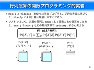 行列演算の関数プログラミング的実装
34
map() と reduce() を使った関数プログラミング的な実装に基づく
と，NumPy による計算は理解しやすいだろう
リストではなく，共通の配列に map() して要素ごとの計算をしたあ
と，sum() や max() などの集約演算で reduce() すると考える
例：pLSAモデル
Pr[X, Y ] =
P
Z Pr[X|Z] Pr[Z|Y ] Pr[Y ]
Pr[X | Z ]
pXgZ[x, z]
Pr[Z | Y ]
pZgY[z, y]
Pr[Y ]
pY[y]
y
z
z
x
y
 
