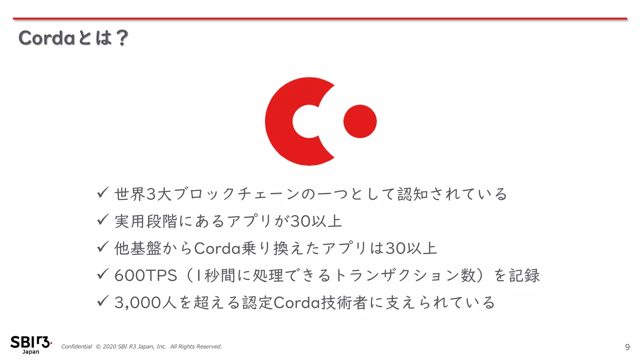 Confidential © 2020 SBI R3 Japan, Inc. All Rights Reserved. 9
✓ 世界3大ブロックチェーンの一つとして認知されている
✓ 実用段階にあるアプリが30以上
✓ 他基盤からCorda乗り換えたアプリは30以上
✓ 600TPS（1秒間に処理できるトランザクション数）を記録
✓ 3,000人を超える認定Corda技術者に支えられている
Cordaとは？
 