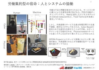 労働集約型の宿命：⼈とシステムの協働
11
権裕煥ら (2020). ⼆択アンケートを⽤いた天ぷら盛り付けにおける好み空間の抽出⼿法，第21回計測⾃動制御学会システムインテグ
レーション部⾨講演会 (SI2020)，3D3‐15
新村猛 (2021). ⾷サービス分野における⼈間機械協奏JST OPERA第3回産総研協奏効果研究会
 