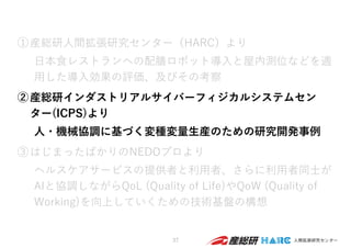 ①産総研⼈間拡張研究センター（HARC）より
⽇本⾷レストランへの配膳ロボット導⼊と屋内測位などを適
⽤した導⼊効果の評価、及びその考察
②産総研インダストリアルサイバーフィジカルシステムセン
ター(ICPS)より
⼈・機械協調に基づく変種変量⽣産のための研究開発事例
③はじまったばかりのNEDOプロより
ヘルスケアサービスの提供者と利⽤者、さらに利⽤者同⼠が
AIと協調しながらQoL (Quality of Life)やQoW (Quality of
Working)を向上していくための技術基盤の構想
37
 