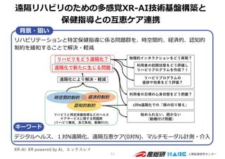 53
遠隔リハビリのための多感覚XR-AI技術基盤構築と
保健指導との互恵ケア連携
背景・狙い
リハビリテーションと特定保健指導に係る問題群を、時空間的、経済的、認知的
制約を緩和することで解決・軽減
キーワード
デジタルヘルス、１対N遠隔化、遠隔互恵ケア(0対N)、マルチモーダル計測・介⼊
XR-AI: XR powered by AI、エックスレイ
 