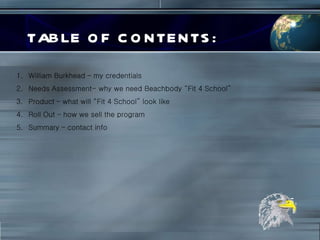 TABLE OF CONTENTS: William Burkhead – my credentials Needs Assessment- why we need Beachbody “Fit 4 School” Product – what will “Fit 4 School” look like Roll Out – how we sell the program Summary – contact info 