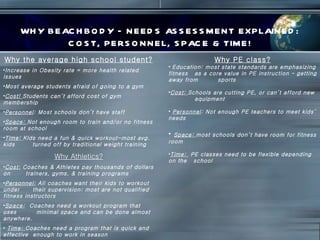 WHY BEACHBODY – NEEDS ASSESSMENT EXPLAINED: COST, PERSONNEL, SPACE & TIME! Why the average high school student? Increase in Obesity rate = more health related issues Most average students afraid of going to a gym Cost!  Students can’t afford cost of gym membership Personnel : Most schools don’t have staff Space:  Not enough room to train and/or no fitness room at school Time:  Kids need a fun & quick workout-most avg. kids  turned off by traditional weight training Why Athletics? Cost:  Coaches & Athletes pay thousands of dollars on  trainers, gyms, & training programs Personnel:  All coaches want their kids to workout under  their supervision: most are not qualified fitness instructors Space:   Coaches need a workout program that uses  minimal space and can be done almost anywhere. Time:  Coaches need a program that is quick and effective  enough to work in season Why PE class? Education: most state standards are emphasizing fitness  as a core value in PE instruction – getting away from  sports Cost:  Schools are cutting PE, or can’t afford new  equipment Personnel : Not enough PE teachers to meet kids’ needs Space:  most schools don’t have room for fitness room Time:  PE classes need to be flexible depending on the  school 