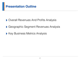 Presentation Outline
2
‣ Overall Revenues And Proﬁts Analysis
‣ Geographic Segment Revenues Analysis
‣ Key Business Metrics Analysis
 
