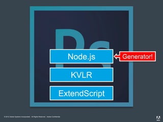 © 2012 Adobe Systems Incorporated. All Rights Reserved. Adobe Confidential.
Node.js
KVLR
ExtendScript
Generator!
 