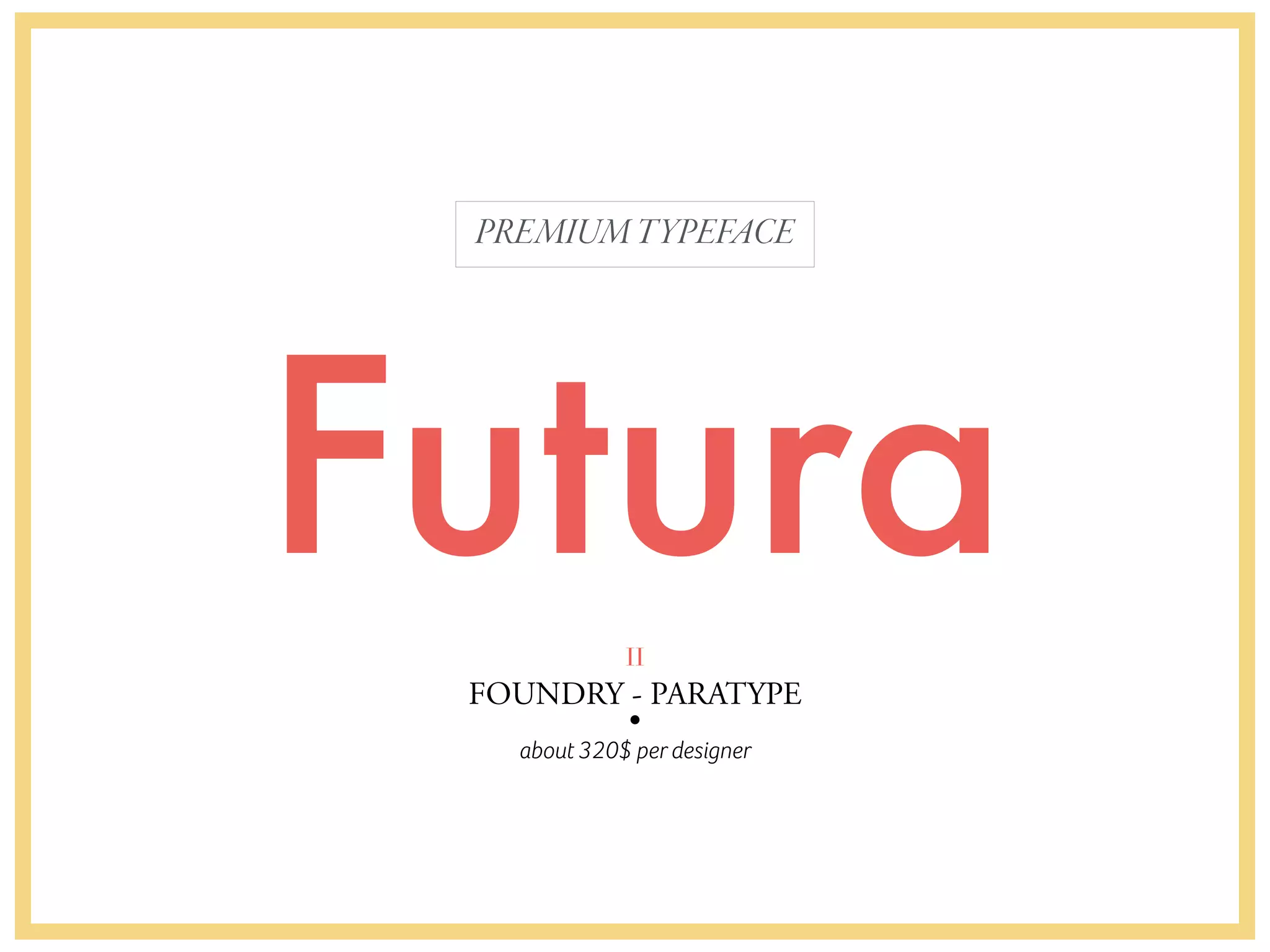 about 320$ per designer
PREMIUMTYPEFACE
II
FOUNDRY - PARATYPE
Futura
 