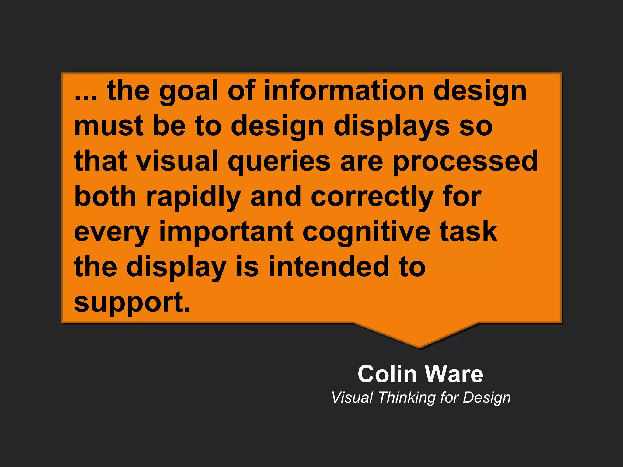 ... the goal of information design must be to design displays so that visual queries are processed both rapidly and correctly for every important cognitive task the display is intended to support. Colin Ware Visual Thinking for Design 