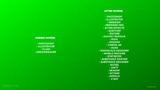 B L M R S & F I T C
T O R O N T O 2 0 1 7 www.blmrs.com
DURING SCHOOL
- PHOTOSHOP
- ILLUSTRATOR
- FLASH
- DREAMWEAVER
AFTER SCHOOL
- PHOTOSHOP
- ILLUSTRATOR
- INDESIGN
- PREMIERE PRO
- AFTER EFFECTS
- AUDITION
- ENCORE
- DAVINCI RESOLVE
- MAYA
- HOUDINI
- CINEMA 4D
- NUKE
- MARVELOUS DESIGNER
- WORLD MACHINE
- SYNTHEYES
- SUBSTANCE PAINTER
- SUBSTANCE DESIGNER
- QUIXEL
- UNITY
- REASON
- OCTANE
- ARNOLD
- V-RAY
 