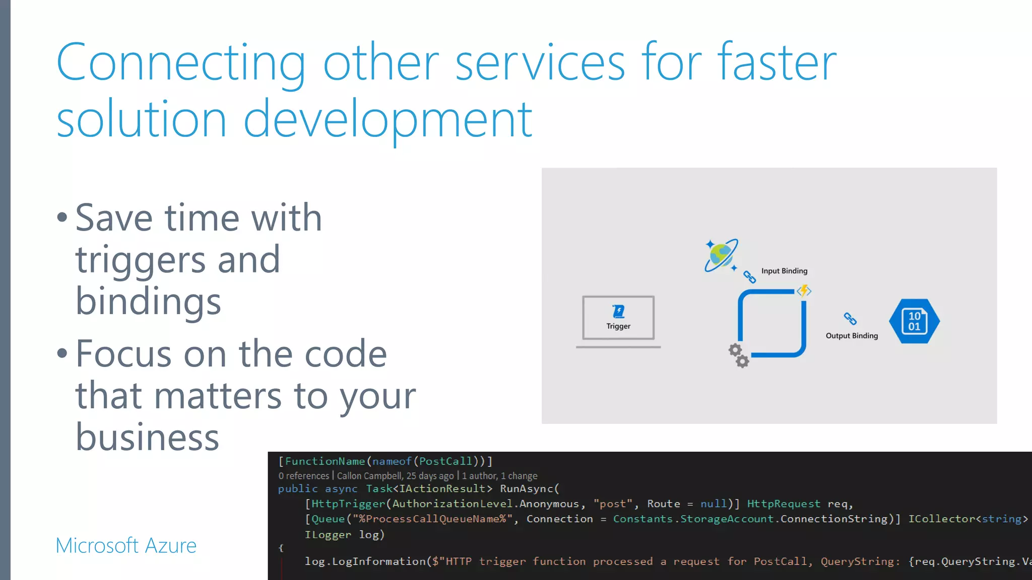 Microsoft Azure Connecting other services for faster solution development •Save time with triggers and bindings •Focus on the code that matters to your business 13 