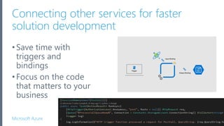 Microsoft Azure
Connecting other services for faster
solution development
•Save time with
triggers and
bindings
•Focus on the code
that matters to your
business
13
 