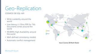 Microsoft Azure
Geo-Replication
27
COSMOS DB SQL-API
• Write scalability around the
world
• Low latency (<10ms P99 for 1kb
document) writes around the
world
• 99.999% High Availability around
the world
• Well-defined consistency models
• Automatic conflict management
 