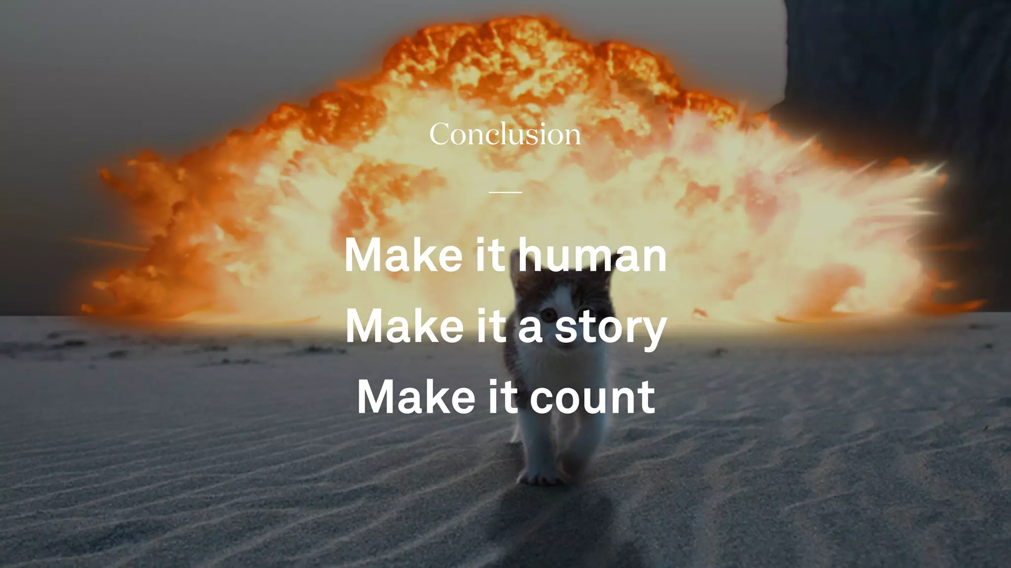 Conclusion
Make it human
Make it a story
Make it count
 